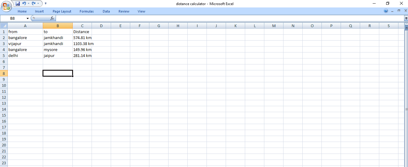 Excel spreadsheet with City names and the distance (output from the bot)