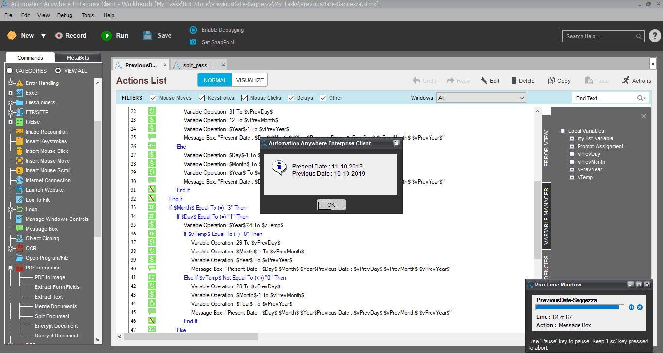 Output in message box