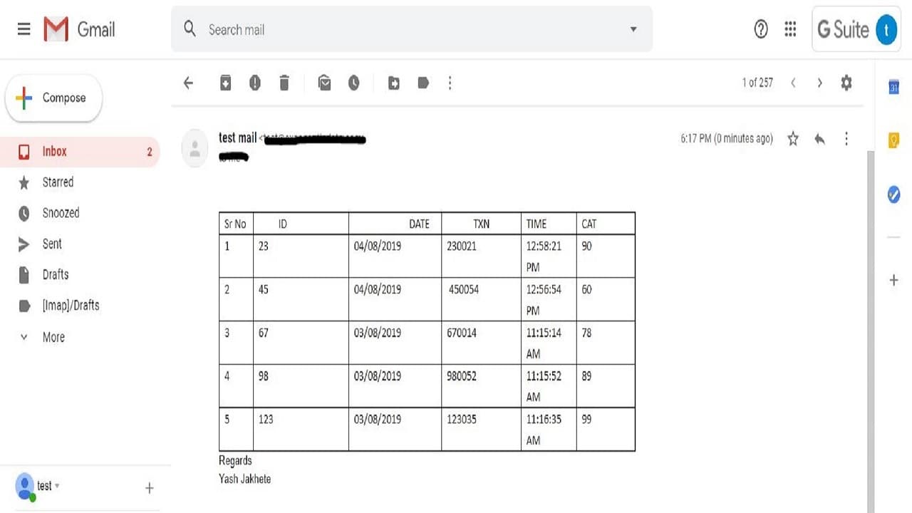 A sample Email with table embedded in it