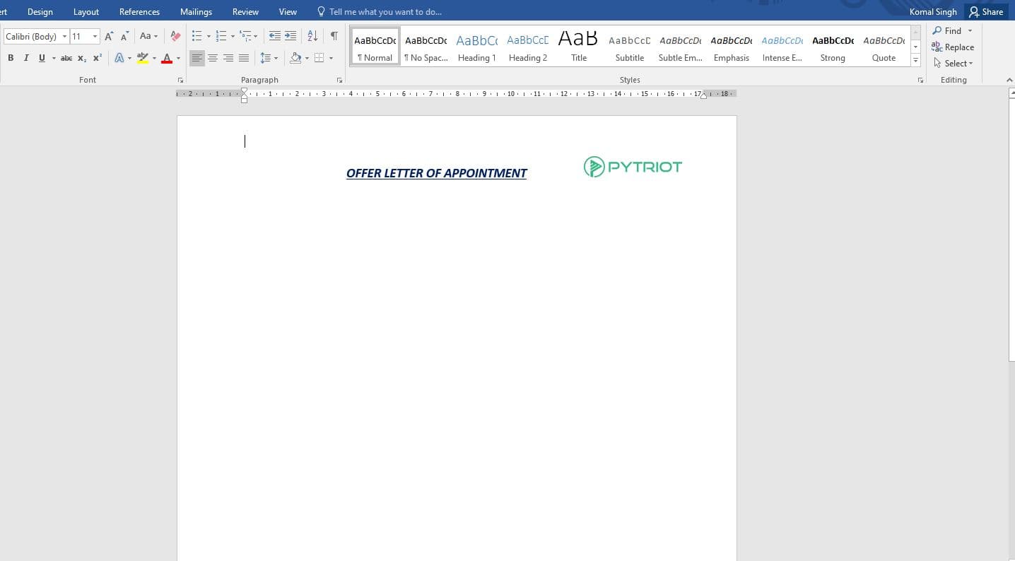Blank Offer letter template
