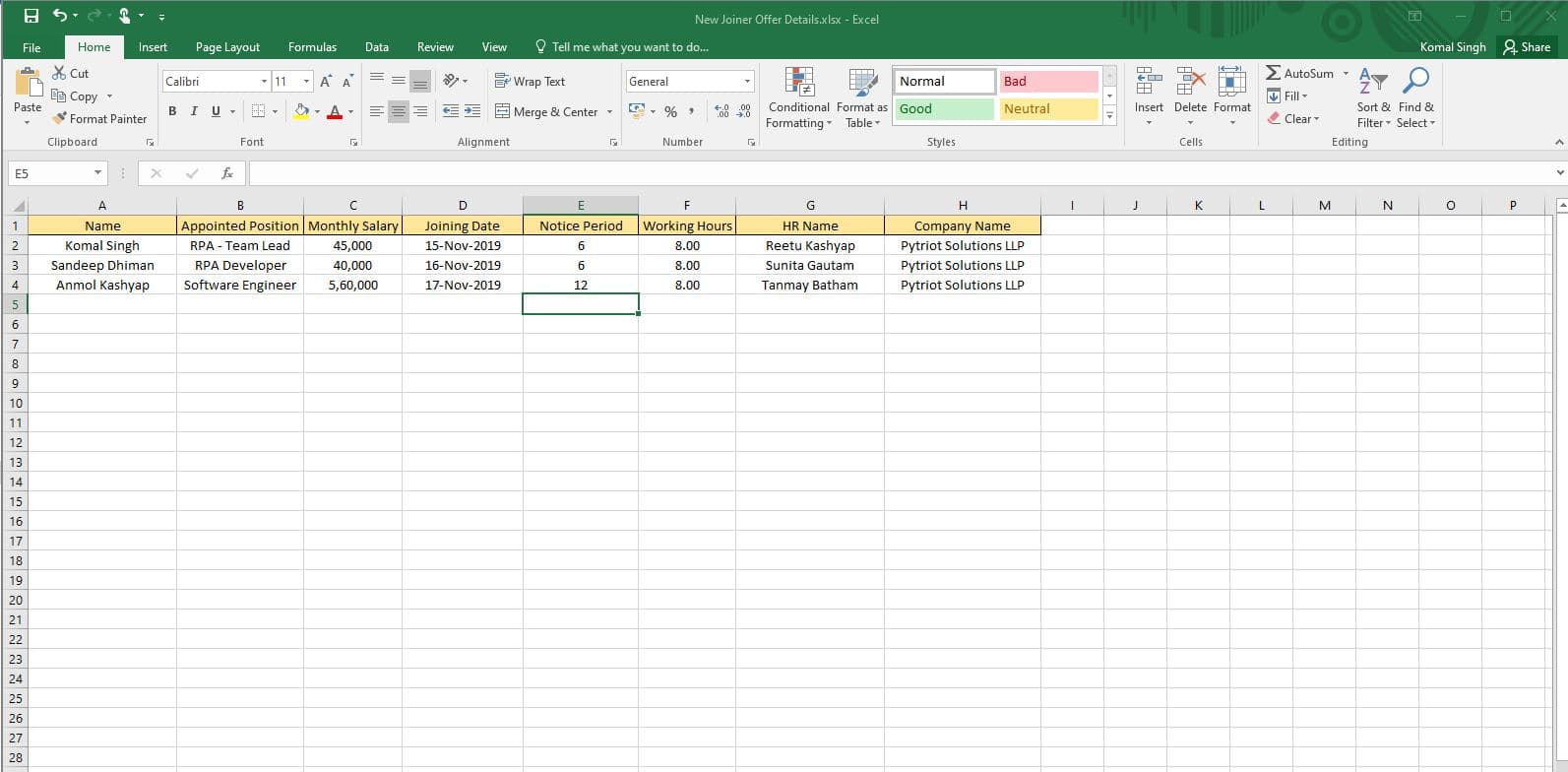 Data in Excel file