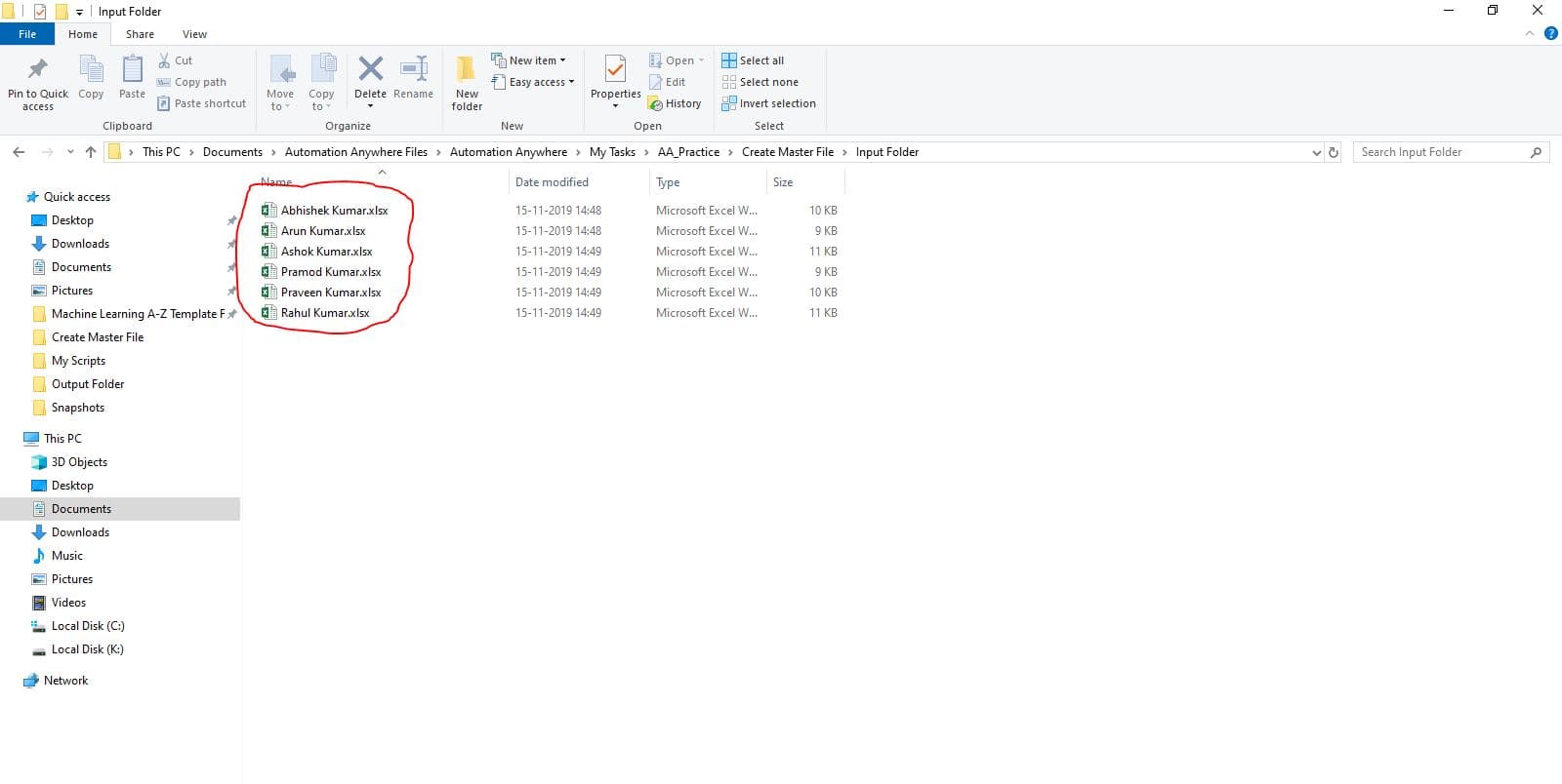 Multiple files in a folder named "Input Folder"