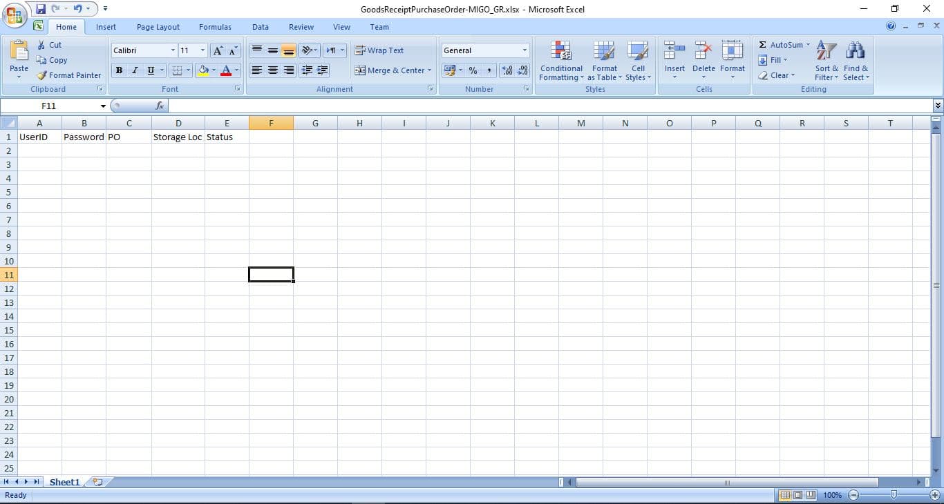 Excel input sheet