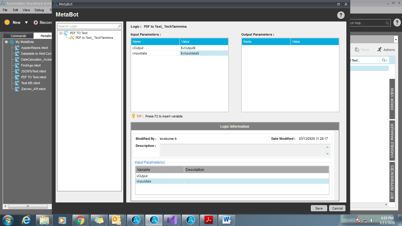 Mapping input variables From MetaBot