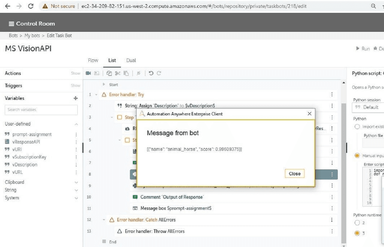 Azure Computer Vision Bot Output