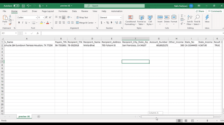 Resulting spreadsheet from reading IRS Tax Form 1099