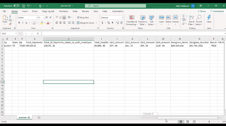 Resulting spreadsheet from reading IRS Tax Form 940