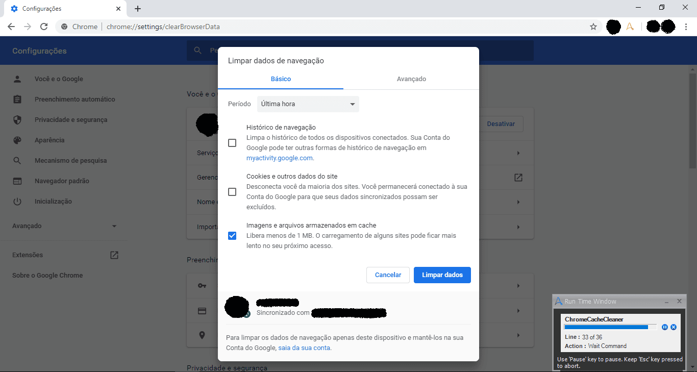 Selecionando a opção cache