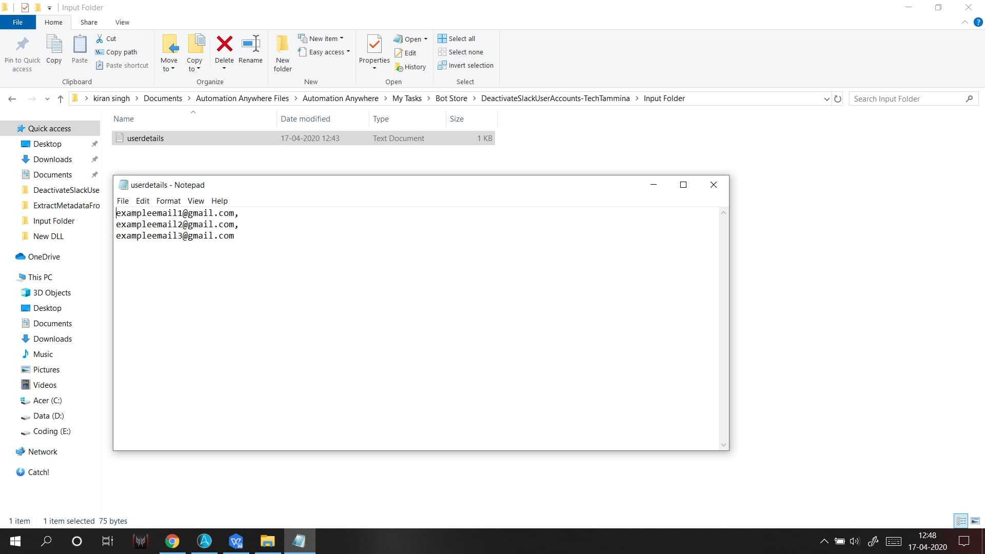Input folder with text file consisting of email ids