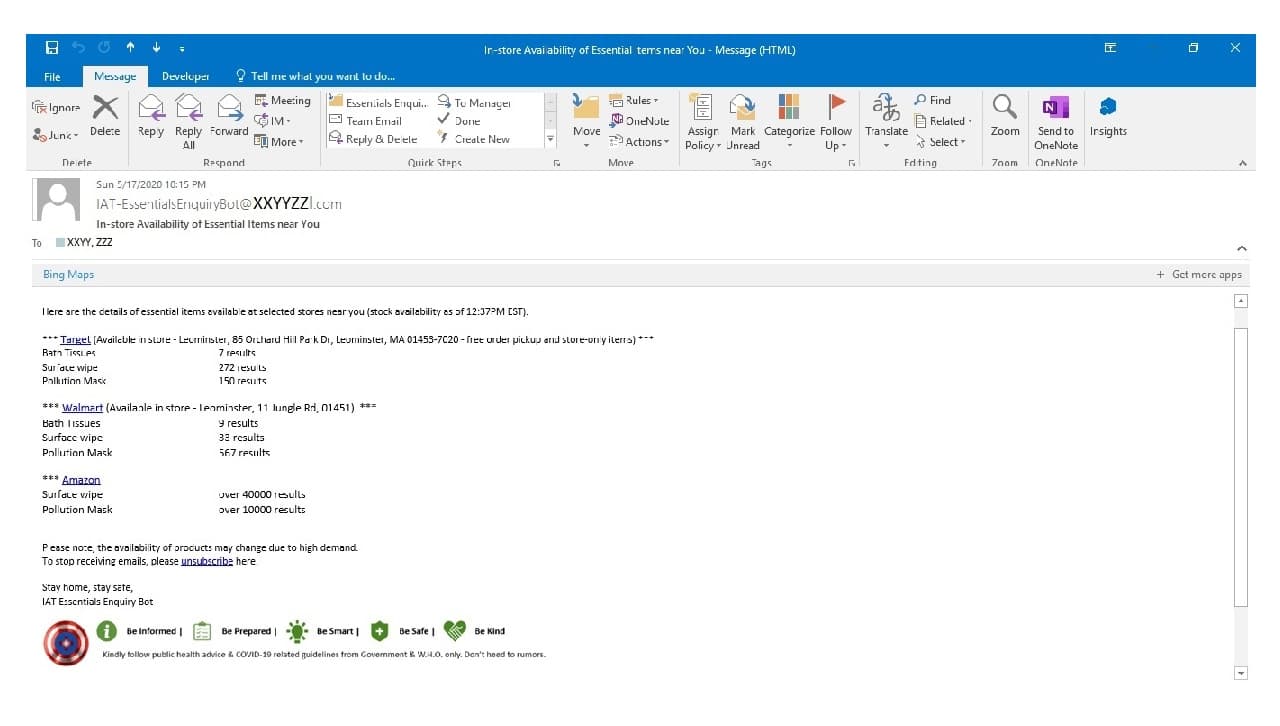 Sample email notification sent by the bot