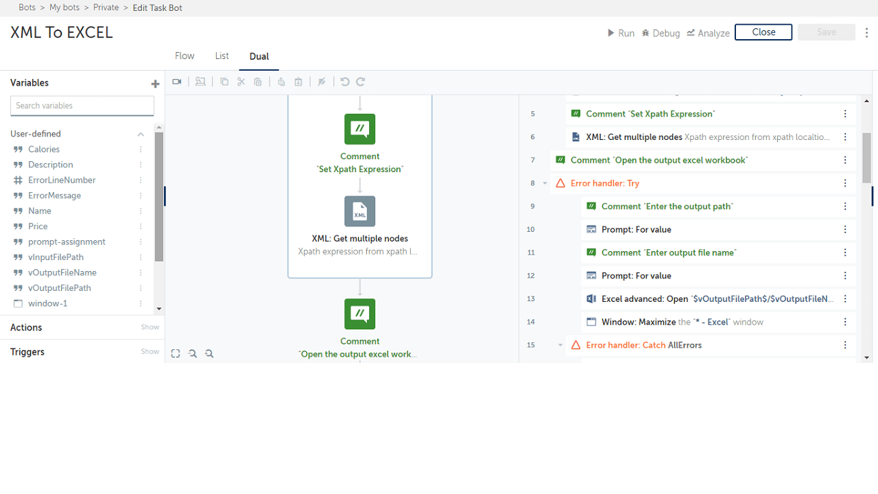 BOT in Automation 360 Task Bot Editor - Dual View