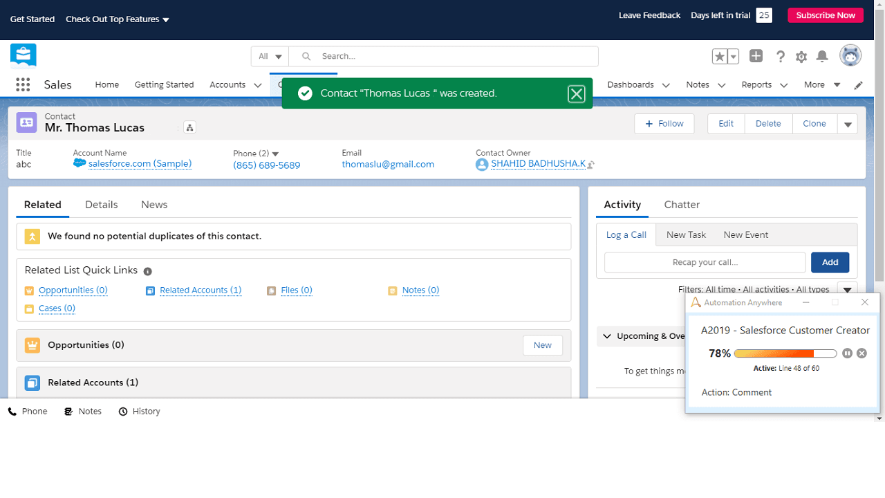 Sales customer record successfully created