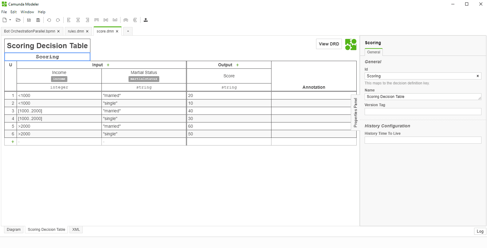 DMN Decision Table in the Camunda Modeler