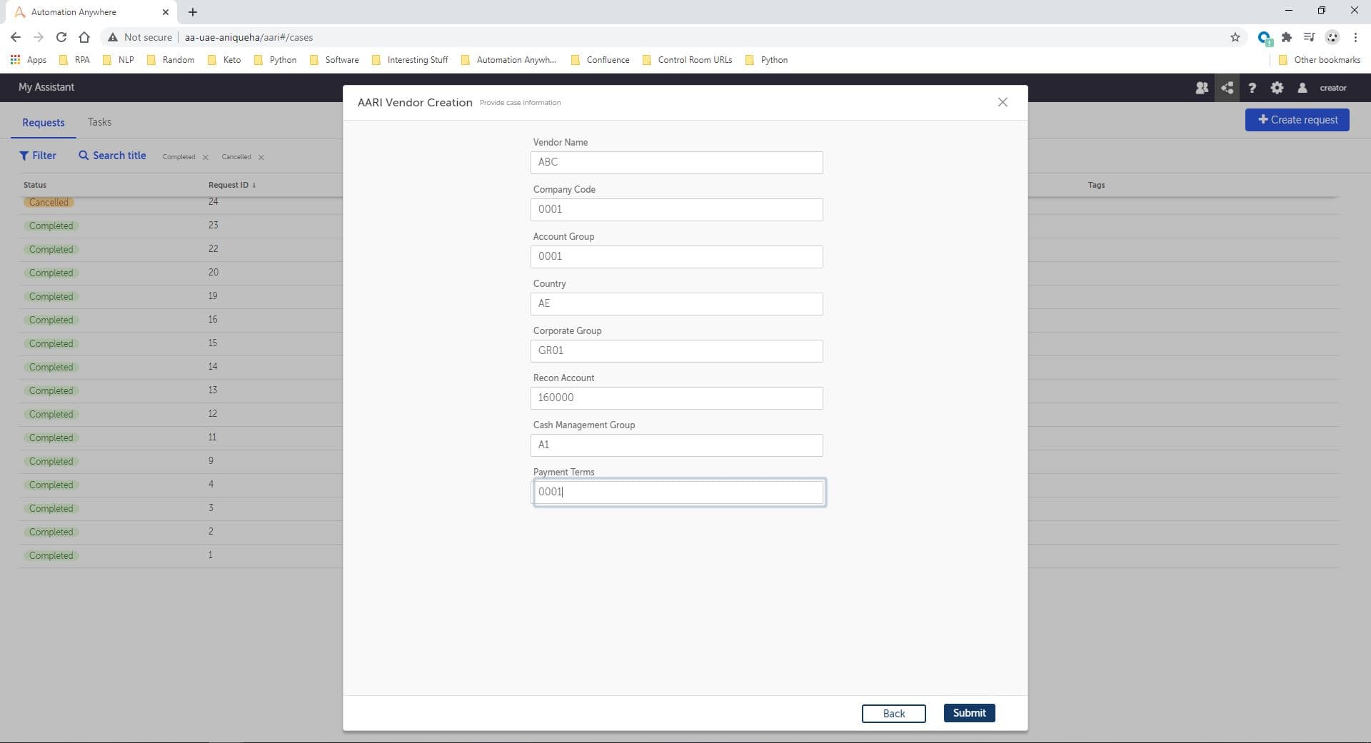 AARI Request Creation Form