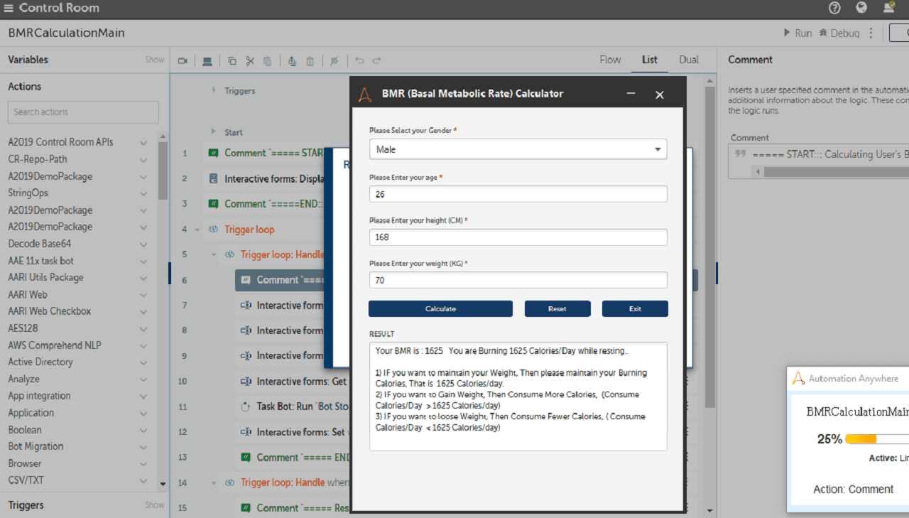 Output interface with calculated BMR & other info