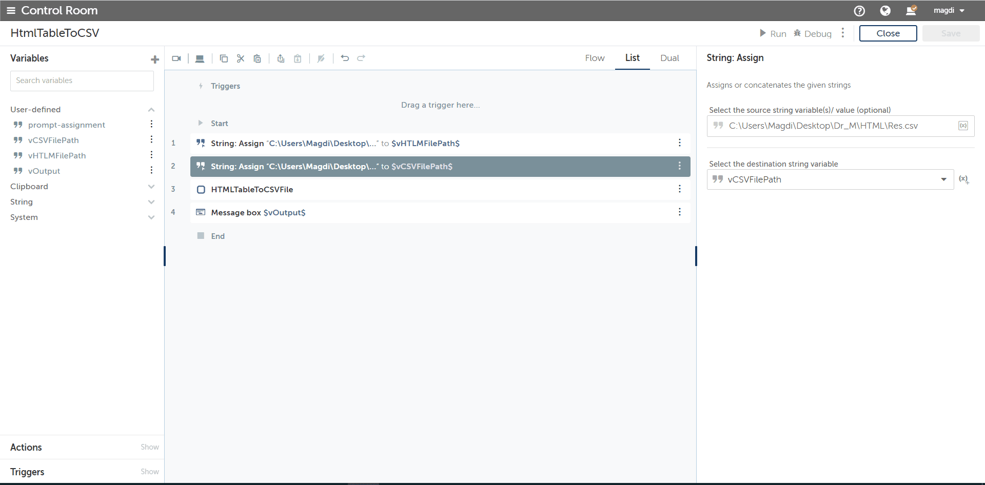 Assign CSV file path to variable