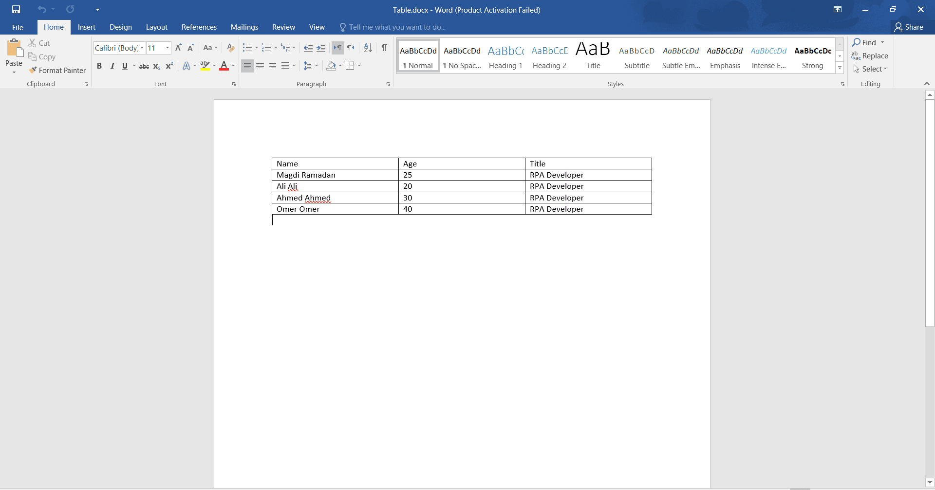 The Table in Word document
