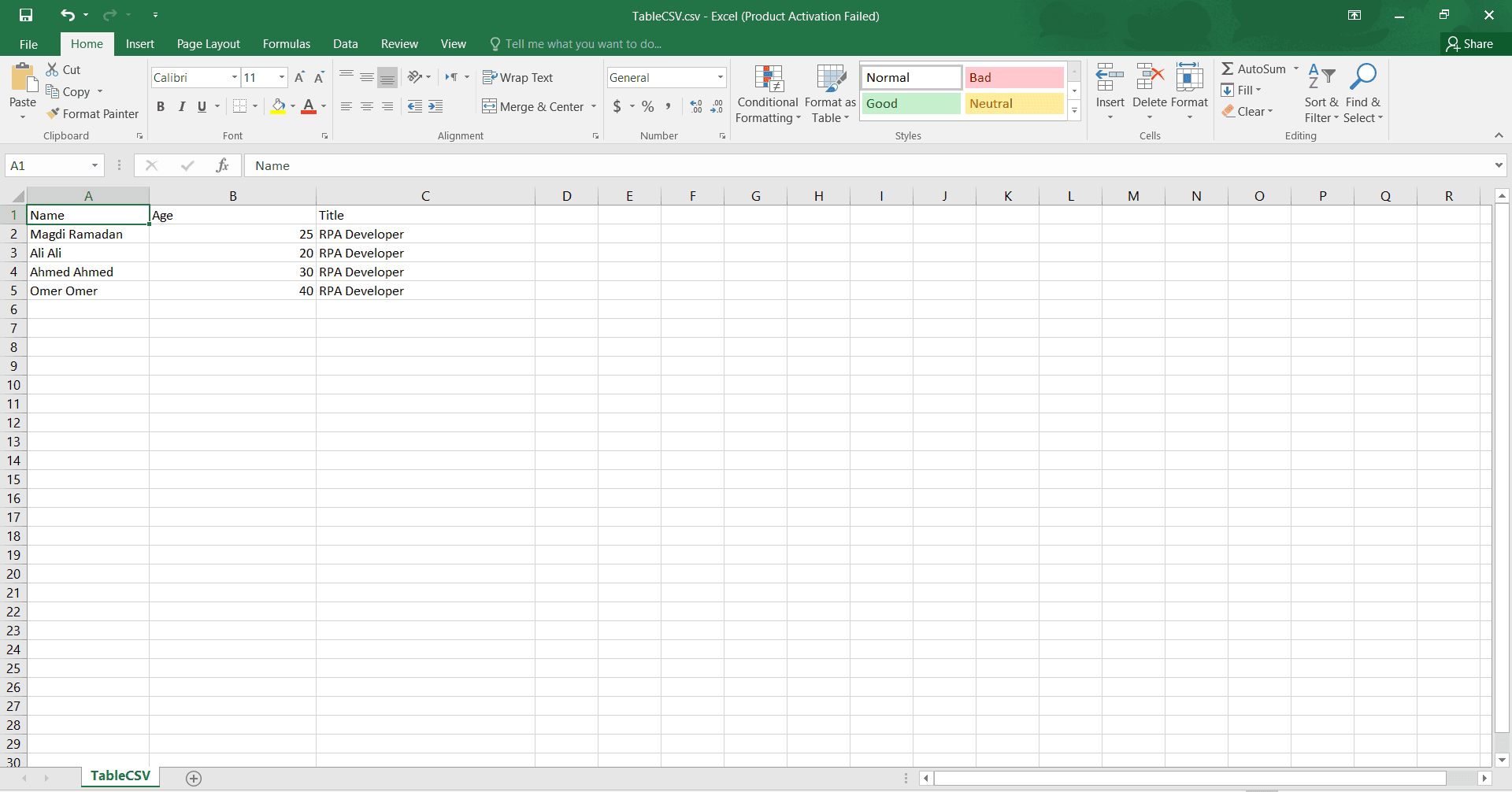 The Table after transfer to CSV file