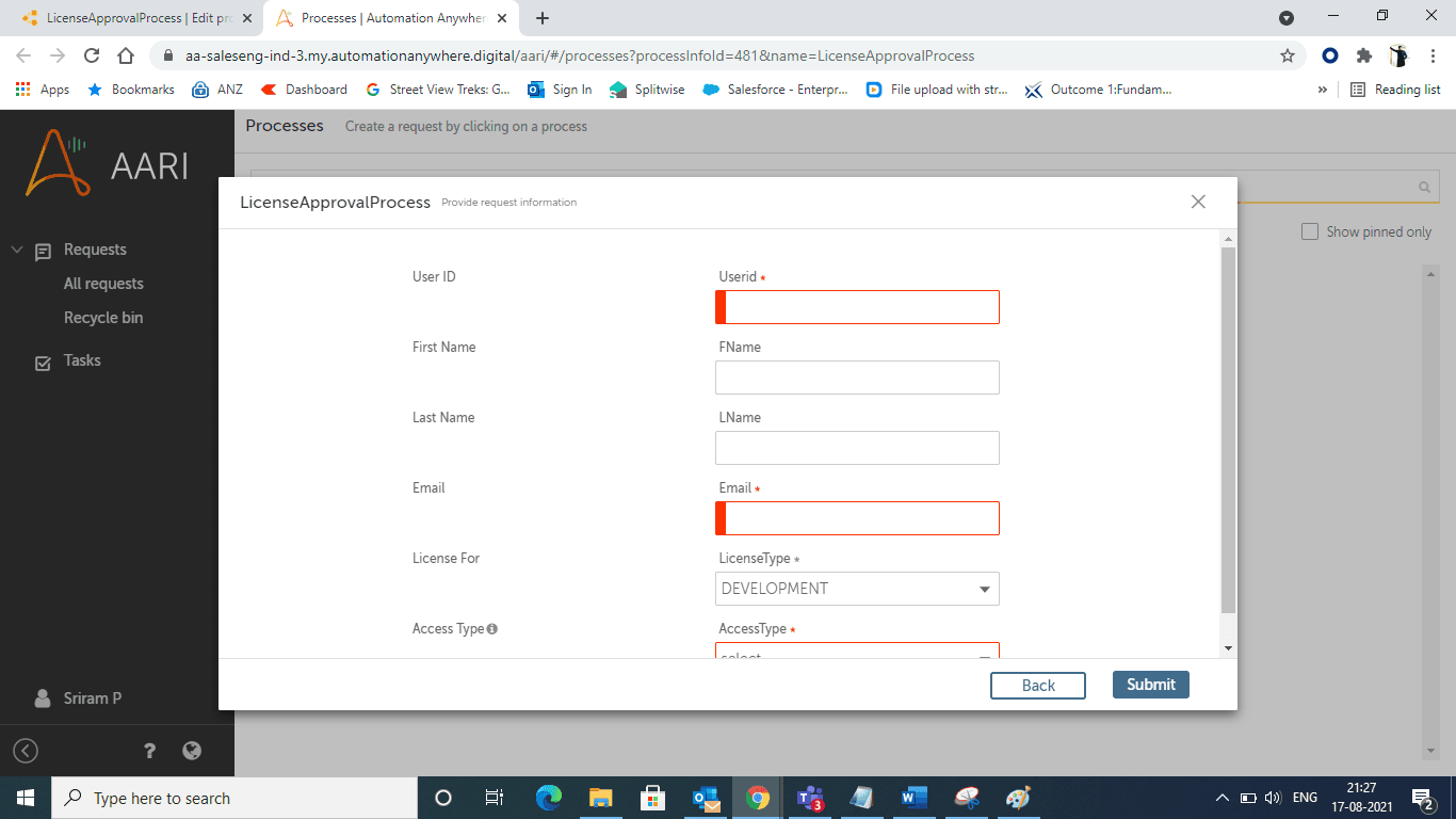 Form to fill in details for user creation