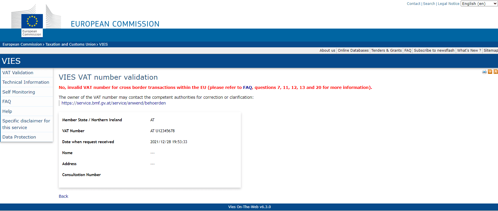 Example of validated VAT number