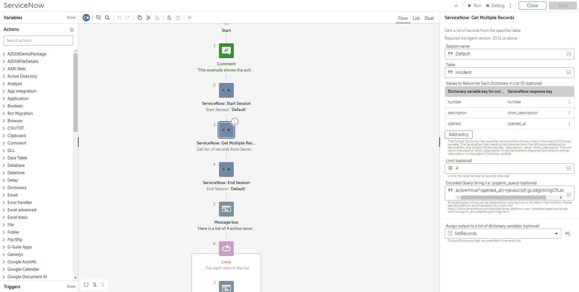 ServiceNow Actions in A360