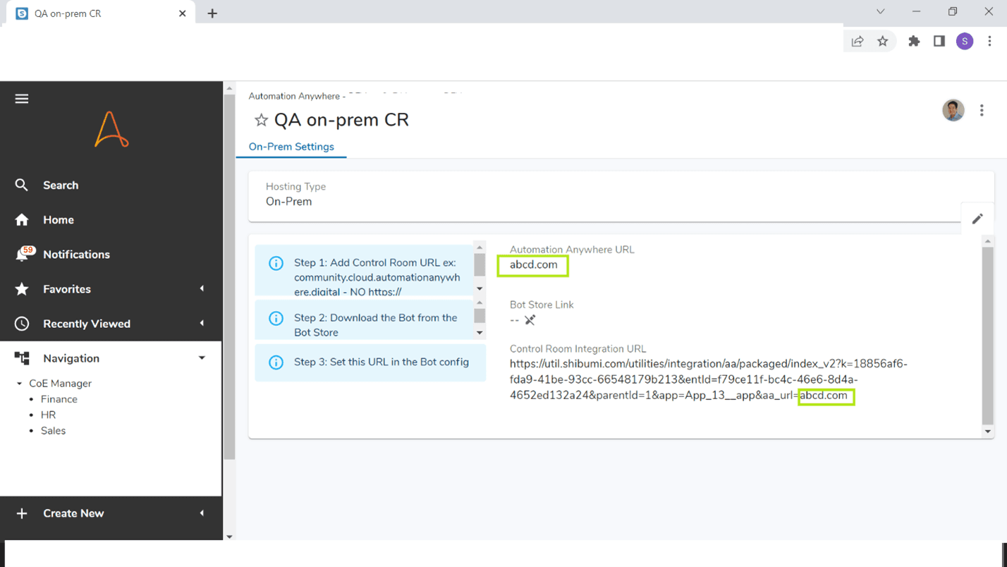CoE-Manager admin tech URL