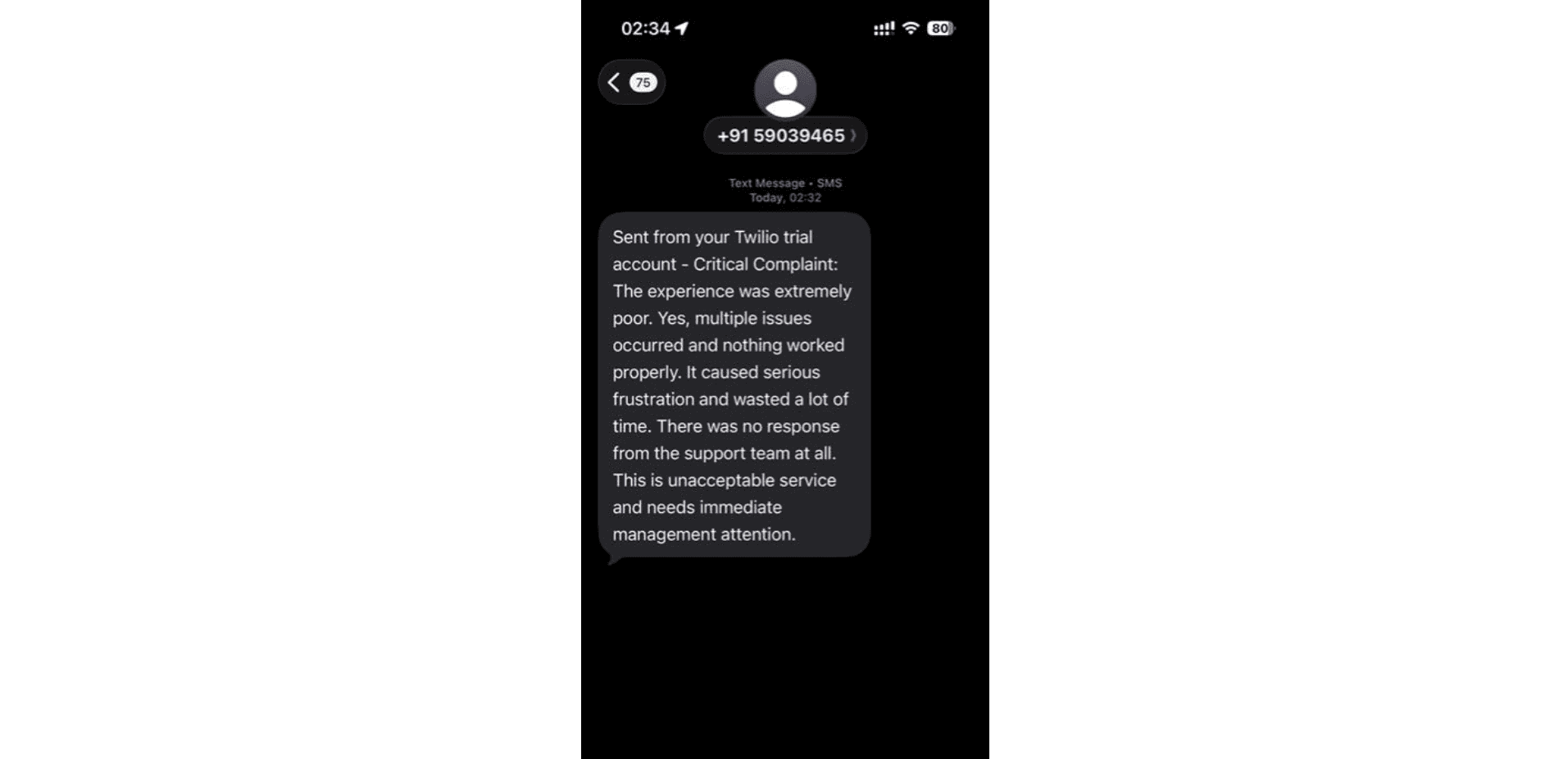 Output from Customer Complaint Routing Agent-Twilio SMS