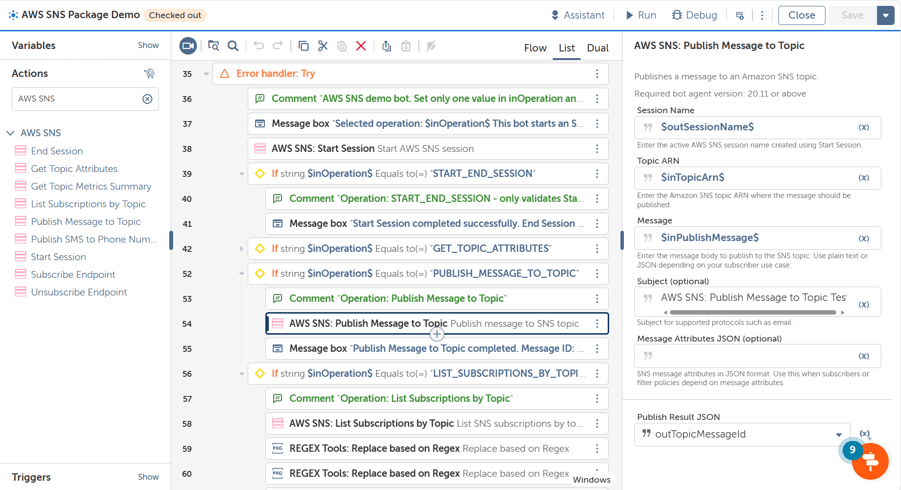 A360 bot using SNS action for publish message to topic
